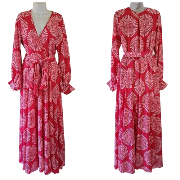 VTG Made In USA Rose Pink Surplice Maxi Dress Sz L Circle Floral Cottagecore - Picture 2 of 11